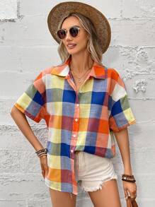 SHEIN LUNE Của phụ nữ Kẻ sọc Thả vai Áo sơ mi - Nhiều màu - Xem 6