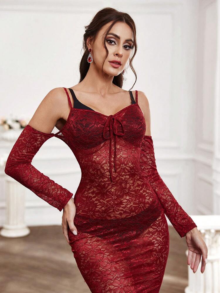 Cold-Shoulder Spaghetti Strap Lace Dress With Sheer Design