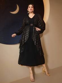 Modelyn 大码闪光拼布灯笼袖连衣裙长款晚礼服 - 黑色 - 查看 4