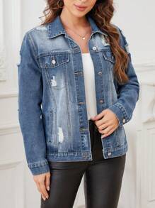 SHEIN LUNE Women's Distressed Button Front Denim Jacket - Light Wash - View 1