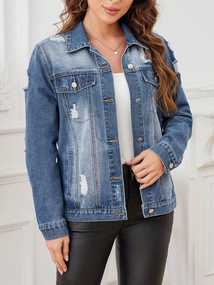 SHEIN LUNE Women's Distressed Button Front Denim Jacket - Light Wash - View 1