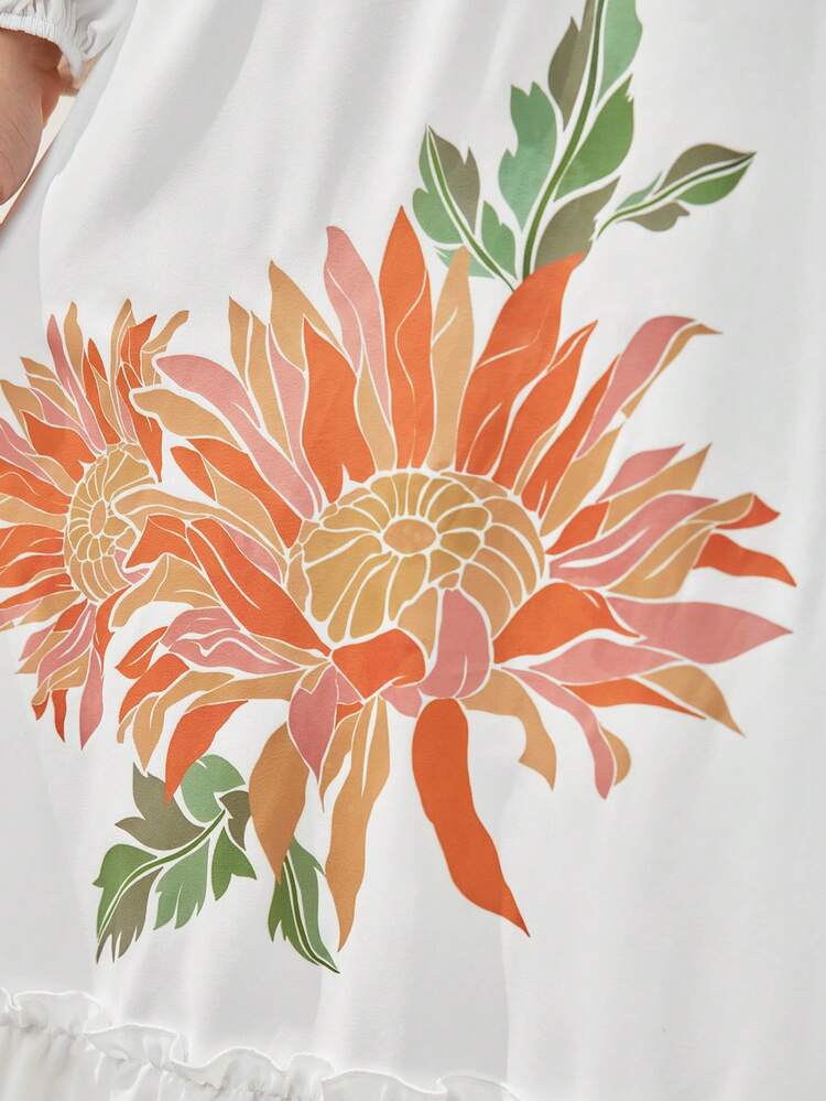 Plus Size Women's Floral Print Lantern Sleeve V-Neck Dress