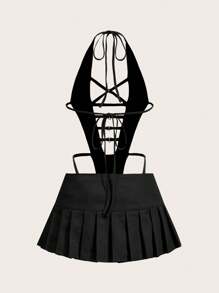 SHEIN ICON 鏤空露背掛脖連身衣百褶裙套裝 - 黑色 - 查看 3