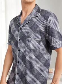 Men's Plaid Short Sleeve Homewear Set - Grey - View 7