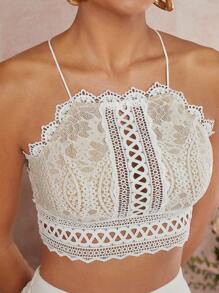 SHEIN Unity Conjunto de dos piezas con top de halter de encaje y pantalones de pierna ancha