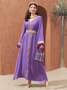 Al Najma Woolen Hem Cuff Knit Strap Spliced Modest Full Length Jalabiya Dress, Kaftan - Purple - View 5