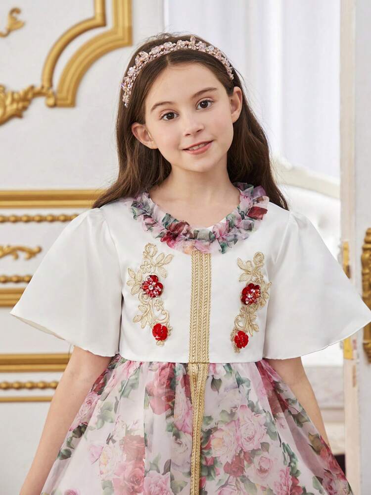 Tween Girls' Lovely Color Block Flower Print Splicing Ribbon & Patchwork Decorated Dress