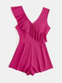 SHEIN VCAY Women Vacation Solid Color Rose Red Romantic Ruffle Trim One Piece Summer Beach Jumpsuit - Multicolor - View 3