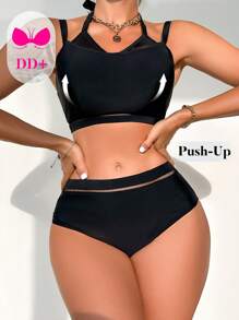 Swim DD+ 女士镂空后背系带比基尼套装夏季海滩 - 黑色 - 查看 1