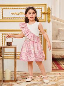 SHEIN Ensemble Haut Et Jupe En Patchwork De Jacquard Floral À Volants Pour Jeune Fille - Rose bonbon - Voir 5