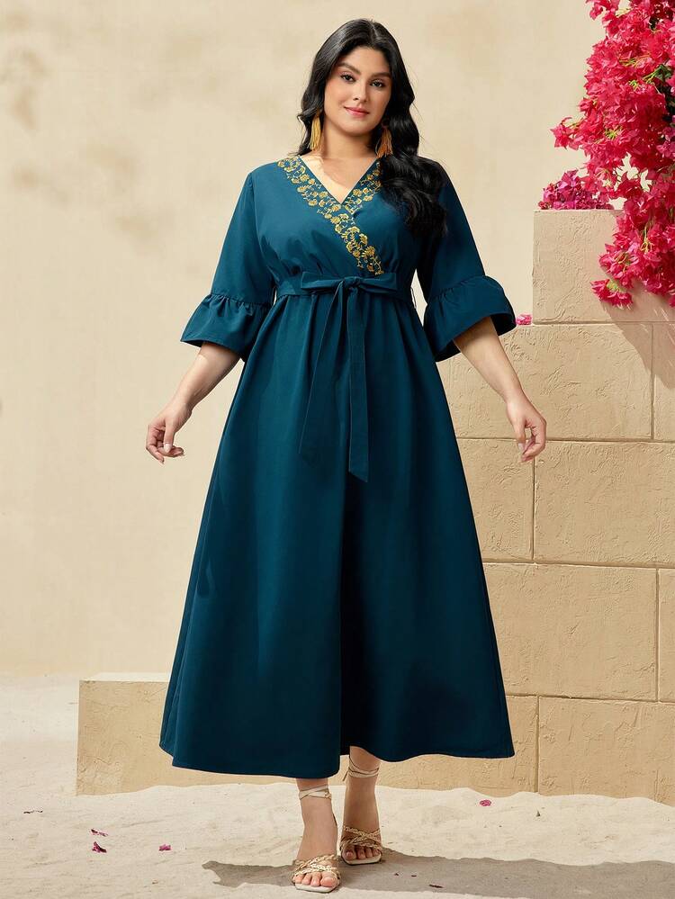 Plus Size Women's Embroidered Wrap Style Dress With Ruffle Sleeves
