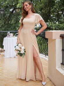 Jednolita Kolorowa Okrągła Dekolt Boczny Rozcięcie Talii Sukienka Dla Druhny - Szampan - Zobacz 7
