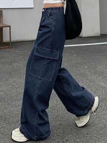 DAZY Quần Jeans Ống Rộng Rộng Có Túi Cho Nữ, Quần Jeans Rộng - Rửa tối - Xem 3