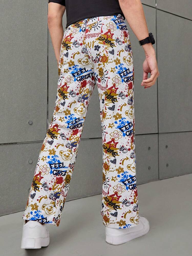 Teen Boy's Casual And Stylish Letter And Cartoon Pattern Denim Straight Pants