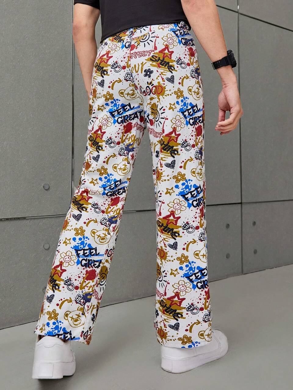 Teen Boy's Casual And Stylish Letter And Cartoon Pattern Denim Straight Pants
