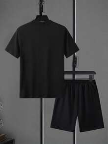 Men's Summer Short Sleeve T-Shirt And Shorts Set With Letter Print, Fashionable And Leisurely Outfits With Pocket And Drawstring Waistband