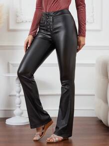SHEIN LUNE Women's Fashionable Solid Color Cross Tie Slim Flared Pants - Black - View 1