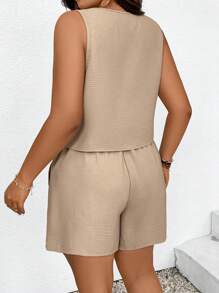 SHEIN Frenchy Plus Size Casual Suit Vest Two Pieces Set - Khaki - View 2