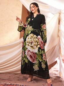 Al Najma Ramadan Plus Floral Print Notched Neckline Dress - Black - View 3