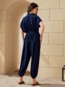 Seusyu Women's Batwing Sleeve Notched Collar Jumpsuit - Blue - View 2