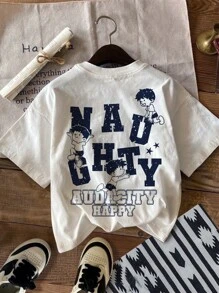 SHEIN Leap Crew Young Boy's Casual Cartoon Graphic Round Neck Short Sleeve T-Shirt, Suitable For Summer - White - View 1