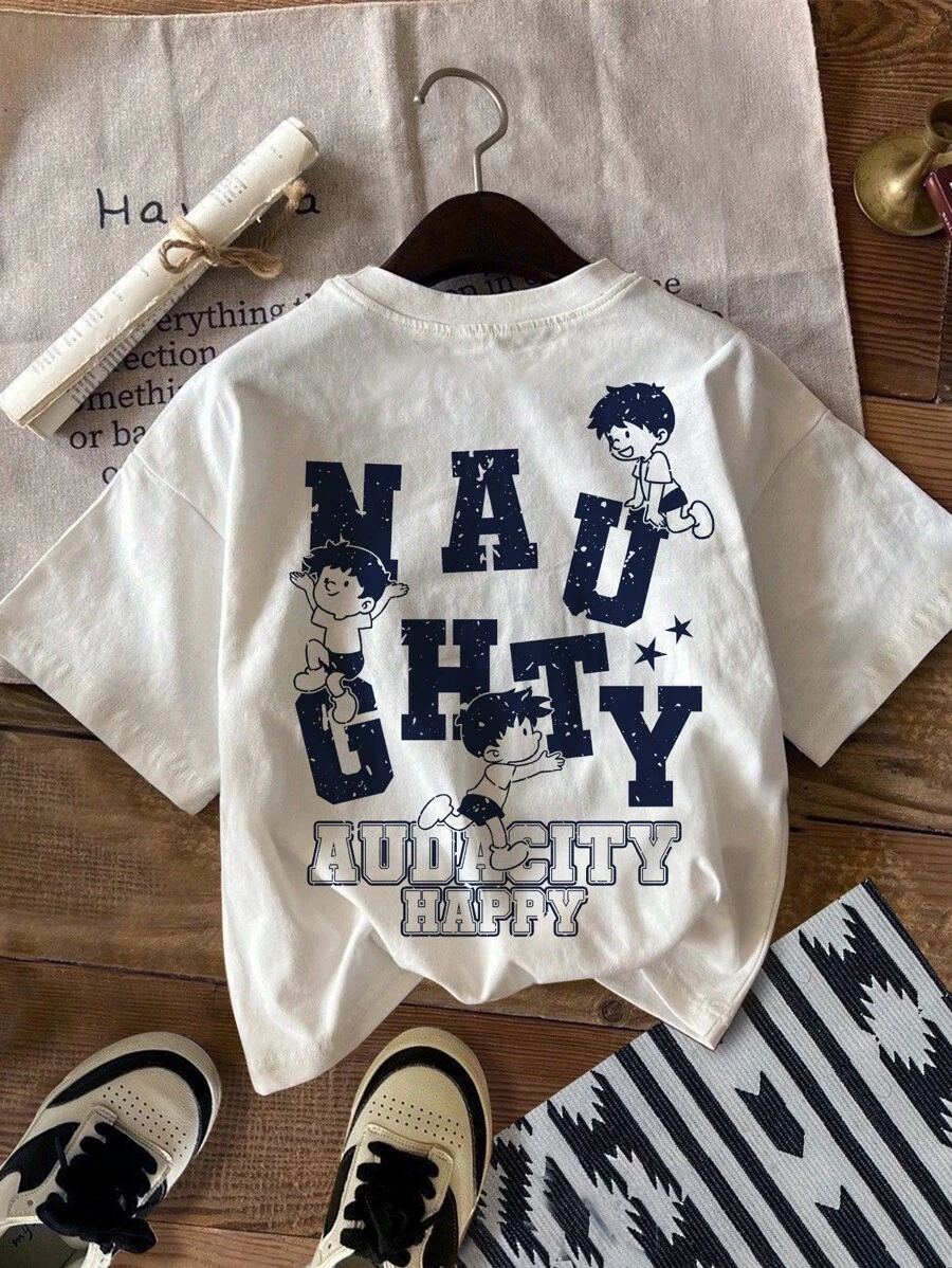 SHEIN Leap Crew Young Boy's Casual Cartoon Graphic Round Neck Short Sleeve T-Shirt, Suitable For Summer - White - View 1