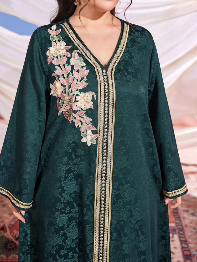 Plus Size Women's Arabian Embroidery Patchwork Woven Belt Maxi Jalabiya Dress