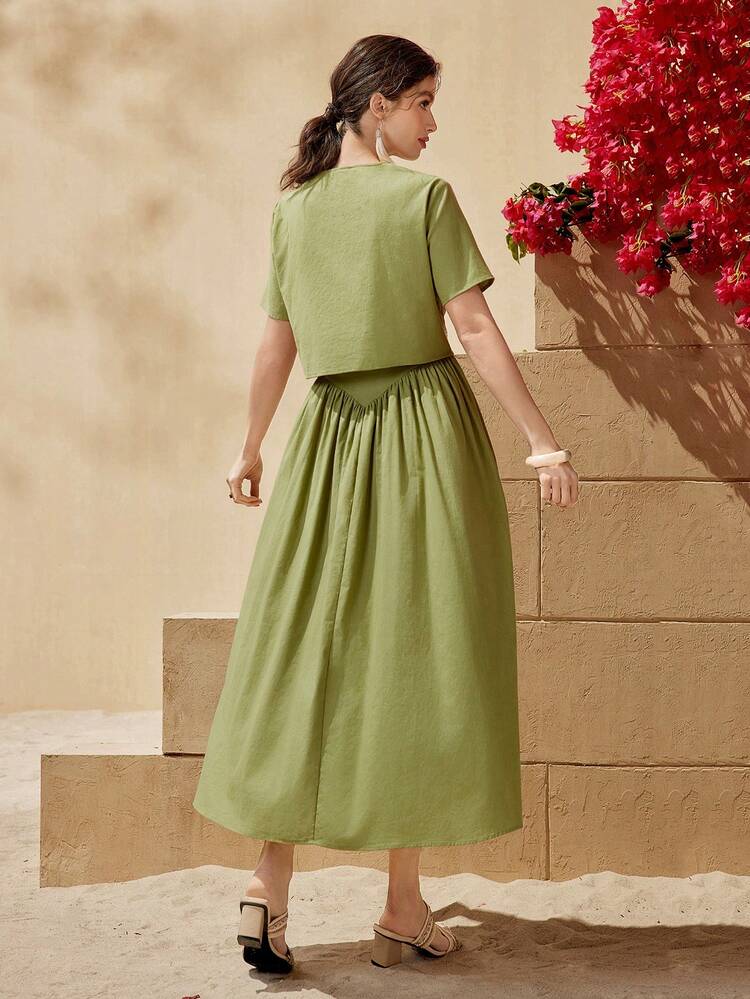 Women's Weave Strap Splicing Top And Solid Color Dress Two-Piece Set 2 Piece Set