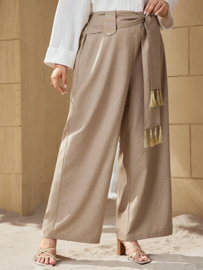 Mulvari 大尺碼女高腰前結流蘇長褲