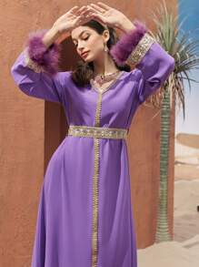 Al Najma Woolen Hem Cuff Knit Strap Spliced Modest Full Length Jalabiya Dress, Kaftan - Purple - View 4