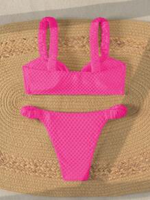 SHEIN Swim Conjunto de bikini separado con textura y volantes para damas, para verano y playa - Rosa Fucsia - Ver 2