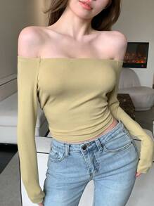 DAZY Solid Color Off Shoulder Slim Fit Long Sleeve T-Shirt,Fall Women Clothes - Mustard Yellow - View 1