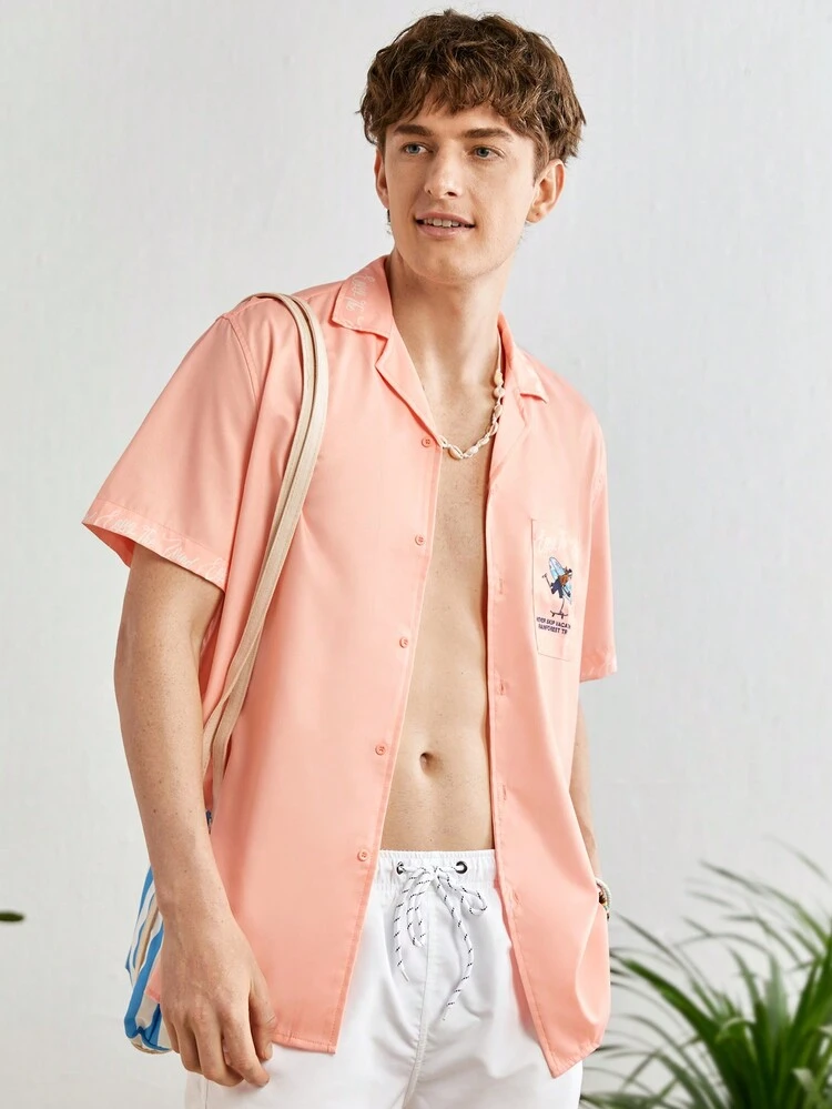 Men'S Cartoon Character & Slogan Printed Casual Short Sleeve Shirt