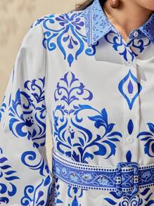 Seusyu Kích thước lớn Của phụ nữ In hoa Tay áo dài Áo sơ mi Đối với Tiếng  Ả Rập Quần áo - Xanh và trắng - Xem 7