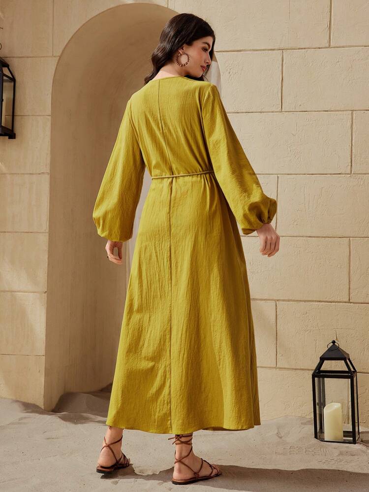 Lantern Sleeve Dress With Wooden Bead Decor For Women