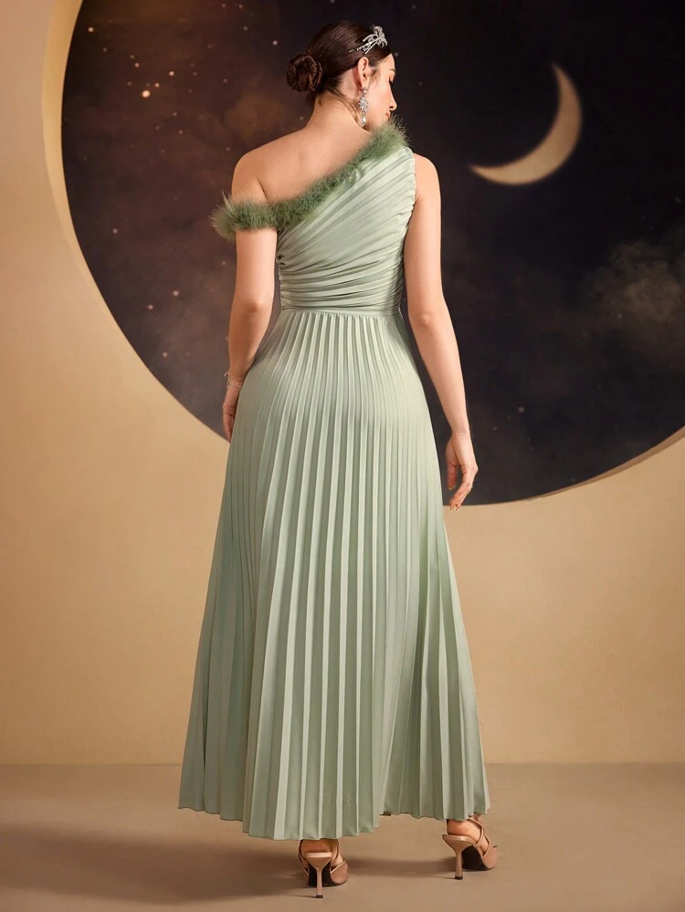 Women's Furry Patchwork Pleated Dress Long Evening Dresses