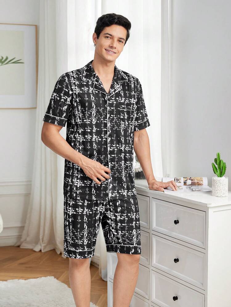 Men's Plaid Short-Sleeved Tops, Shorts, Home Clothes Set