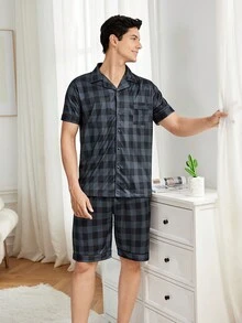 Set De Ropa Para Hombre, Camisa A Cuadros De Manga Corta Y Shorts Para Estar En Casa - Negro - Ver 5