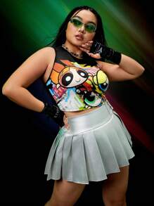 THE POWERPUFF GIRLS X SHEIN Plus Summer Cartoon And Letter Graphic Tank Top - Black - View 5