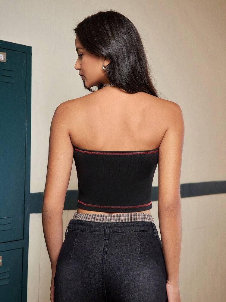 Women's Color Block Stitching Cropped Tube Top With Exposed Stitching