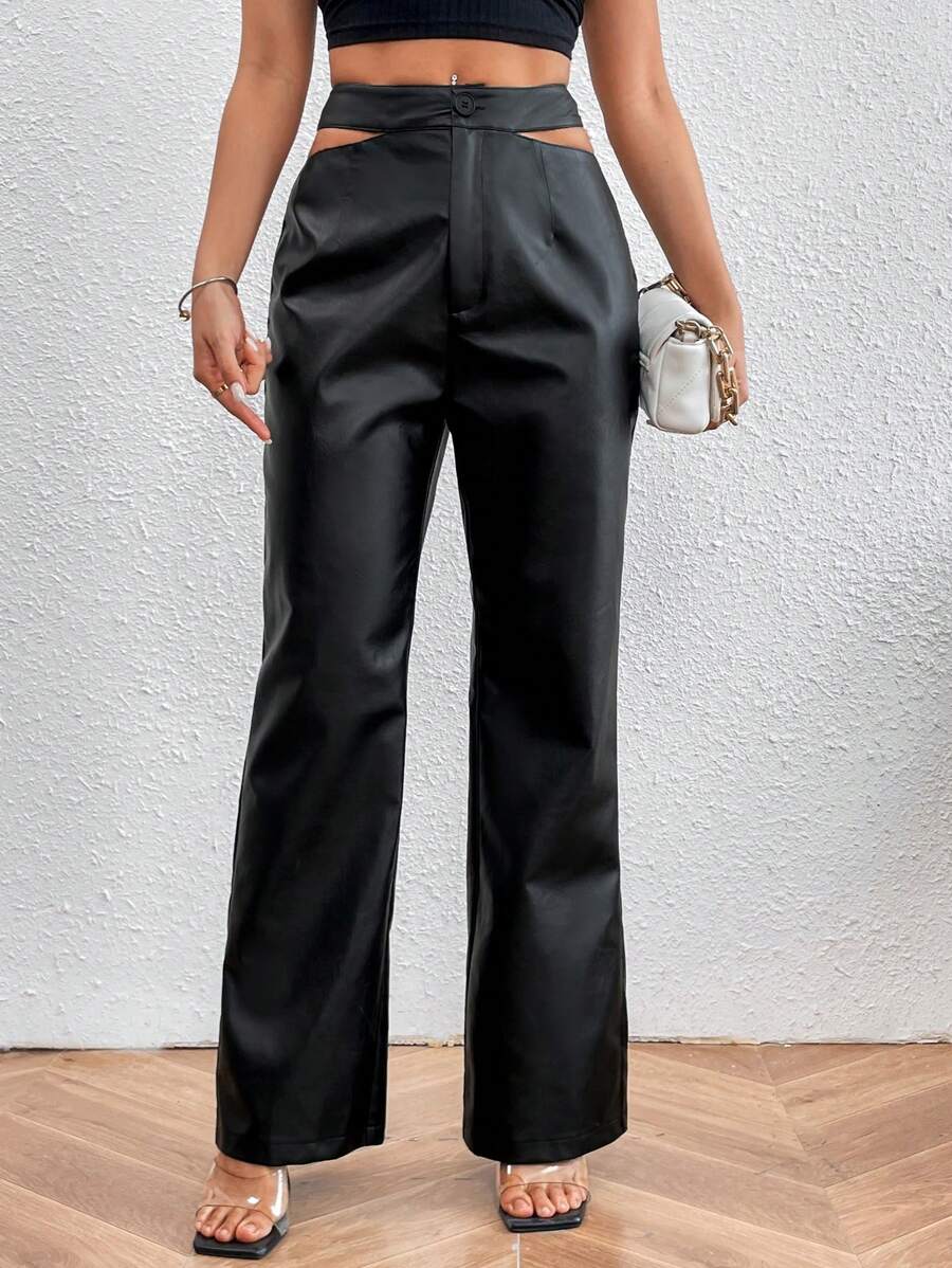 Chiquease Women's Solid Color High Waist Cut Out Pants