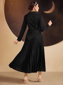 Modelyn 女士闪光刺绣不对称上衣和百褶裙套装，优雅晚会礼服两件套 - 黑色 - 查看 2