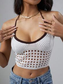 SHEIN Unity Women's Colorblock Halter Neck Hollow Out Knitted Top - White - View 5