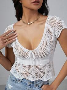 SHEIN Unity Women's Hollow Out Knitted Top With Front Tie - White - View 5