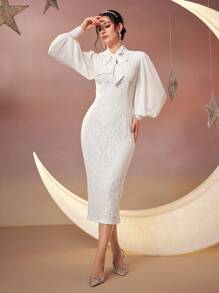 Modelyn Women's Self-Tie Lantern Sleeve Bodycon Dress Long Evening Dresses - White - View 8