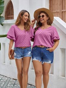 SHEIN LUNE Polka Dot Print V-Neck Ruffle Sleeve Blouse - Pink - View 9