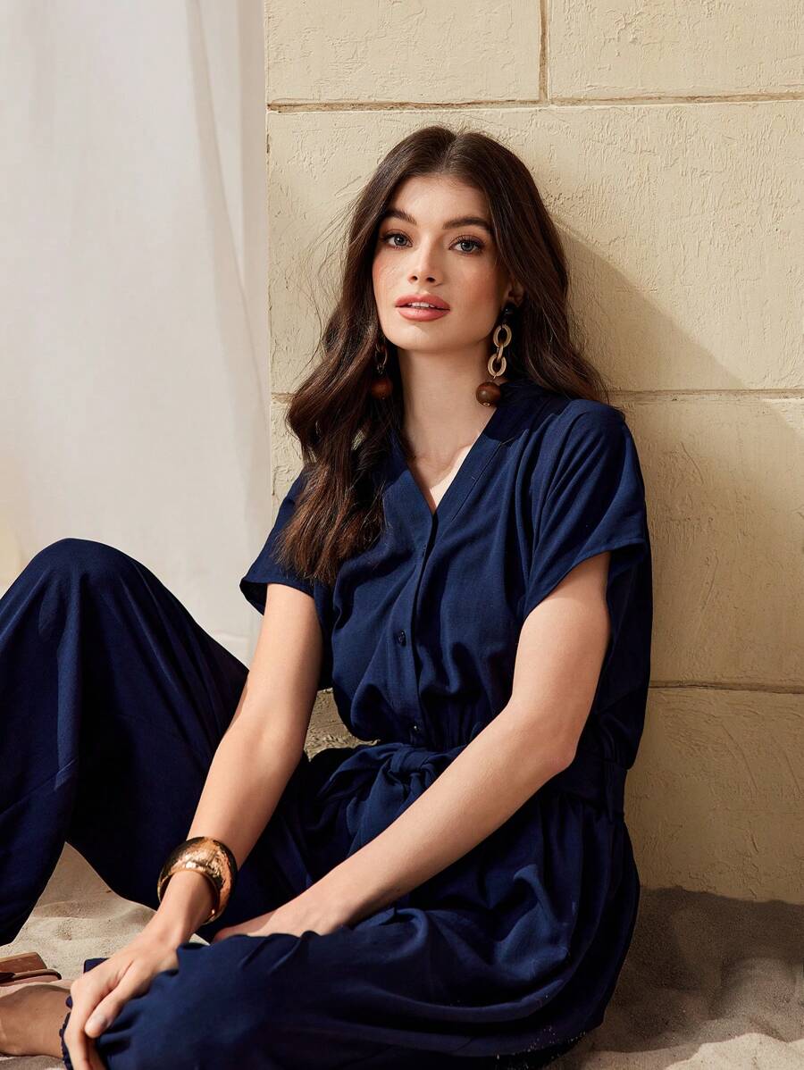 Seusyu Women's Batwing Sleeve Notched Collar Jumpsuit - Blue - View 1