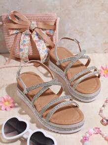 Mini mi Summer Kids Fashion Rhinestone Flat Wedge Sandals Buckle Ankle Strap Sandals For Party - Silver - View 3