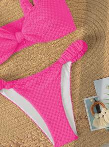 SHEIN Swim Conjunto de bikini separado con textura y volantes para damas, para verano y playa - Rosa Fucsia - Ver 3