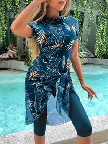 Swim Mulvari Summer Beach Tropical Print Tankini With Cover Up - Green - View 4